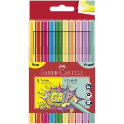 Флумастери Faber-Castell 10 цвята, 5 неон + 5 пастел
