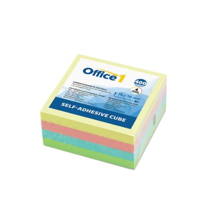 Office 1 Самозалепващи се листчета, 76 x 76 mm, пастелни, 4 цвята, 400 листа