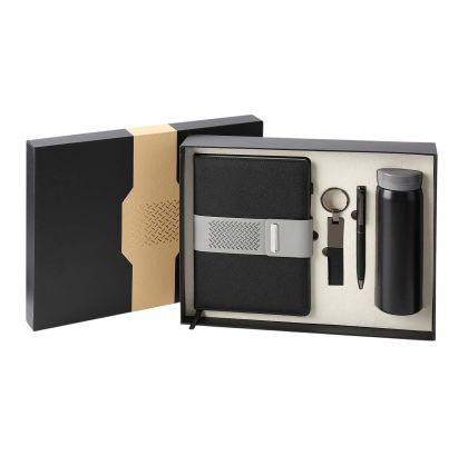 Office 1 Комплект Welcome, тефтер, бутилка, химикалка и ключодържател, в кутия, черен