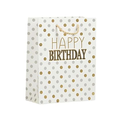 Подаръчна торбичка Happy Birthday, точки, 26 х 32 х 10 cm бяла