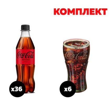 Coca-Cola Газирана напитка Zero, без захар, 500 ml, в пластмасова бутилка, 36 броя, в комплект с Чаша Coca-Cola, 6 броя