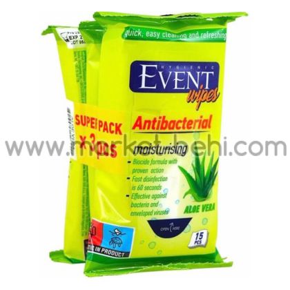 Мокри кърпи Event Antibacterial, Aloe Vera, 3 х 15 броя