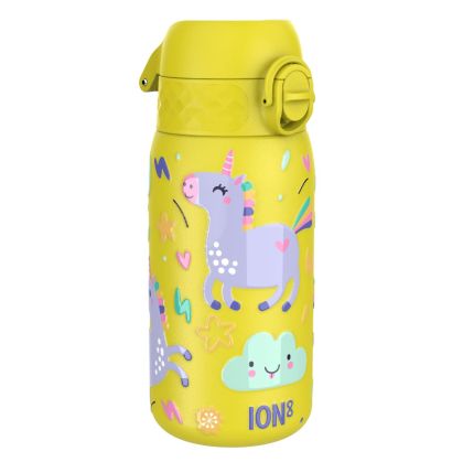 Бутилка за вода Ion8 Print, метална, 400ml, ЕДНОРОЗИ ЖЪЛТА