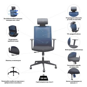 Директорски стол RFG Berry HB, дамаска и меш, Tilt механизъм, до 120 kg, черна седалка, тъмносиня облегалка