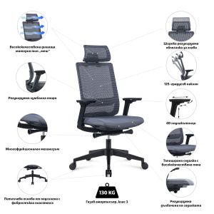 Ергономичен стол RFG Meteor X Black HB, дамаска и меш, до 130 kg, сива седалка, сива облегалка