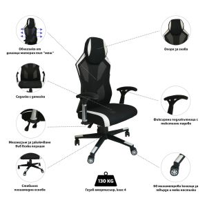 Геймърски стол RFG Soft Game, дамаска и меш, полиамидна основа, до 130 kg, черно-бял