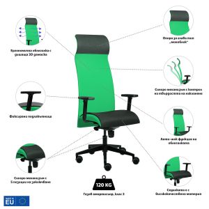 Ергономичен стол Tronhill Solium Executive, дамаска и меш, Synchronous механизъм, до 120 kg, зелен