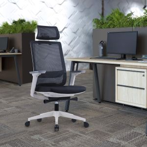 Ергономичен стол RFG Meteor X White HB, дамаска и меш, до 130 kg, черна седалка, черна облегалка