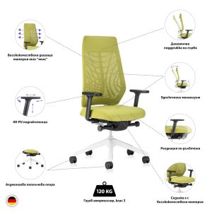 Eргономичен стол Interstuhl Joyce JC267, дамаска и меш, Synchronous механизъм, до 120 kg, светлосив/зелен
