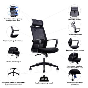 Директорски стол RFG Smart HB, дамаска и меш, Tilt механизъм, до 120 kg, черна седалка, черна облегалка