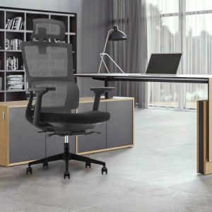 Ергономичен стол RFG Grove, дамаска и меш, Multi-function механизъм, до 120 kg, черна седалка, сива облегалка