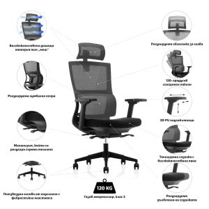 Ергономичен стол RFG Grove, дамаска и меш, Multi-function механизъм, до 120 kg, черна седалка, сива облегалка