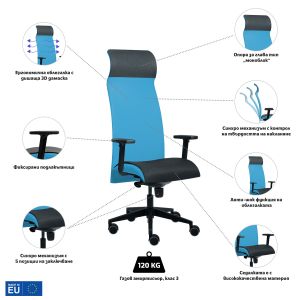 Ергономичен стол Tronhill Solium Executive, дамаска и меш, Synchronous механизъм, до 120 kg, светлосин