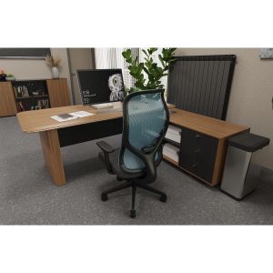 Ергономичен стол RFG STAR HB, дамаска и меш, Synchronous механизъм, до 150 kg, черна седалка, синя облегалка