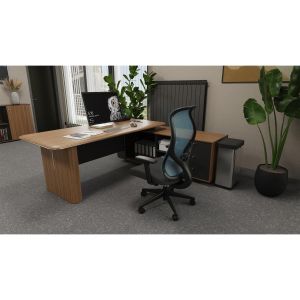 Ергономичен стол RFG STAR HB, дамаска и меш, Synchronous механизъм, до 150 kg, черна седалка, синя облегалка