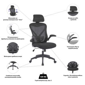 Директорски стол RFG Festo HB, дамаска и меш, Tilt механизъм, полипропиленова основа, до 120 kg, черен