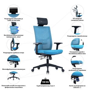 Директорски стол RFG Snow Black HB, дамаска и меш, Multi-function механизъм, до 120 kg, светлосиня седалка, светлосиня облегалка