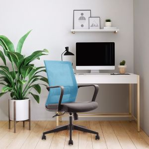 Офис стол RFG Smart W, дамаска и меш, Tilt механизъм, до 120 kg, черна седалка, светлосиня облегалка