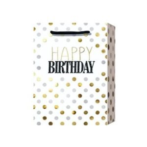 Подаръчна торбичка Happy Birthday, точки, 31 х 42 х 12 cm, бяла