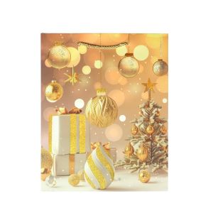 Подаръчна торбичка Топки и подаръци, коледна, 26 х 32 х 10 cm, златиста