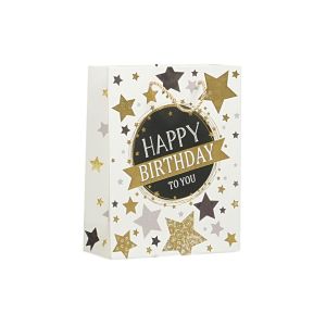 Подаръчна торбичка Happy Birthday, 18 х 23 х 8 cm, звезди бяла
