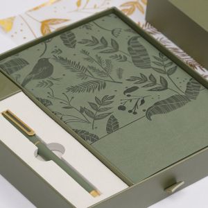 Office 1 Комплект тефтер и химикалка Floral Olive Green, в кутия, зелени