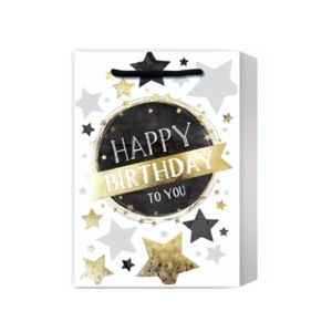 Подаръчна торбичка Happy Birthday, звезди, 31 х 42 х 12 cm, бяла