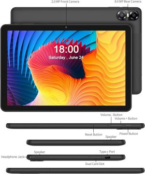 Таблет Pritom E10, 10'', Octa Core, 64 GB, 8 GB RAM, Android 13, IPS, A523 Octa Core, предна камера 2 MP, сив