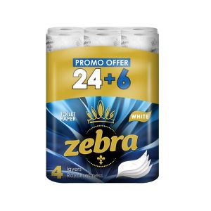 Тоалетна хартия Zebra White, четирипластова, 130 къса, 24+6 броя