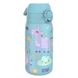 Бутилка за вода Ion8 Print, метална, 400ml, ЕДНОРОЗИ СИН
