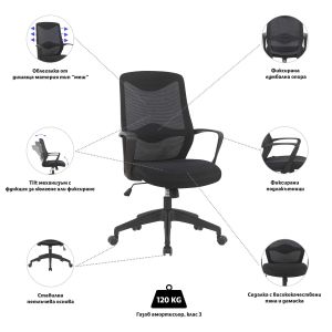 Офис стол RFG Sven W, дамаска и меш, Tilt механизъм, до 120 kg, черен