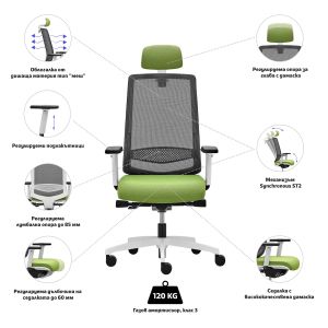 Ергономичен стол Rim Victory VI 1405 White, ST2 механизъм, до 120 kg, зелен