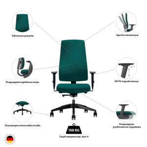 Ергономичен стол Interstuhl Goal 24/7, текстил, Synchronous механизъм, полиамидна основа, до 150 kg, син океан