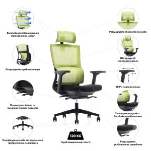Ергономичен стол RFG Grove, дамаска и меш, Multi-function механизъм, до 120 kg, черна седалка, зелена облегалка