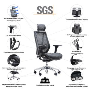 Ергономичен стол RFG TECH@LINE, Multi-function механизъм, до 250 kg, черен