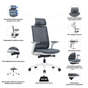 Ергономичен стол RFG Meteor X White HB, дамаска и меш, до 130 kg, сива седалка, синя облегалка