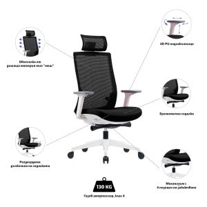 Ергономичен стол RFG Meteor White HB, дамаска и меш, до 130 kg, черна седалка, черна облегалка