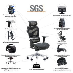 Ергономичен стол RFG TECH@MAX, Multi-function механизъм, до 250 kg, черен