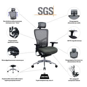 Ергономичен стол RFG TECH@PRO, Multi-function механизъм, до 250 kg, сив