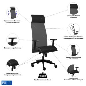 Ергономичен стол Tronhill Solium Executive, дамаска и меш, Synchronous механизъм, до 120 kg, тъмносив