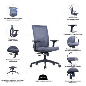 Ергономичен стол RFG Snow Black W, дамаска и меш, Multi-function механизъм, до 120 kg, светлосива седалка, светлосива облегалка