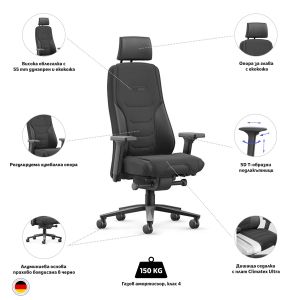 Ергономичен стол Interstuhl TF118 24/7, екокожа и текстил, Synchronous механизъм, до 150 kg, черен