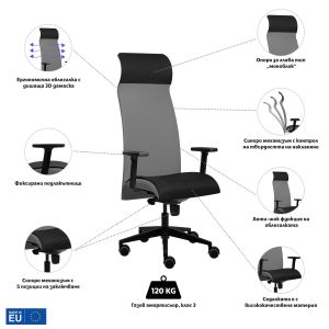 Ергономичен стол Tronhill Solium Executive, дамаска и меш, Synchronous механизъм, до 120 kg, светлосив